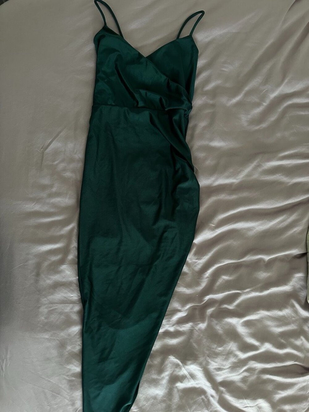 Windsor Satin Slip Dress – Emerald Green/Teal Asymmetrical Bodycon Midi Dress